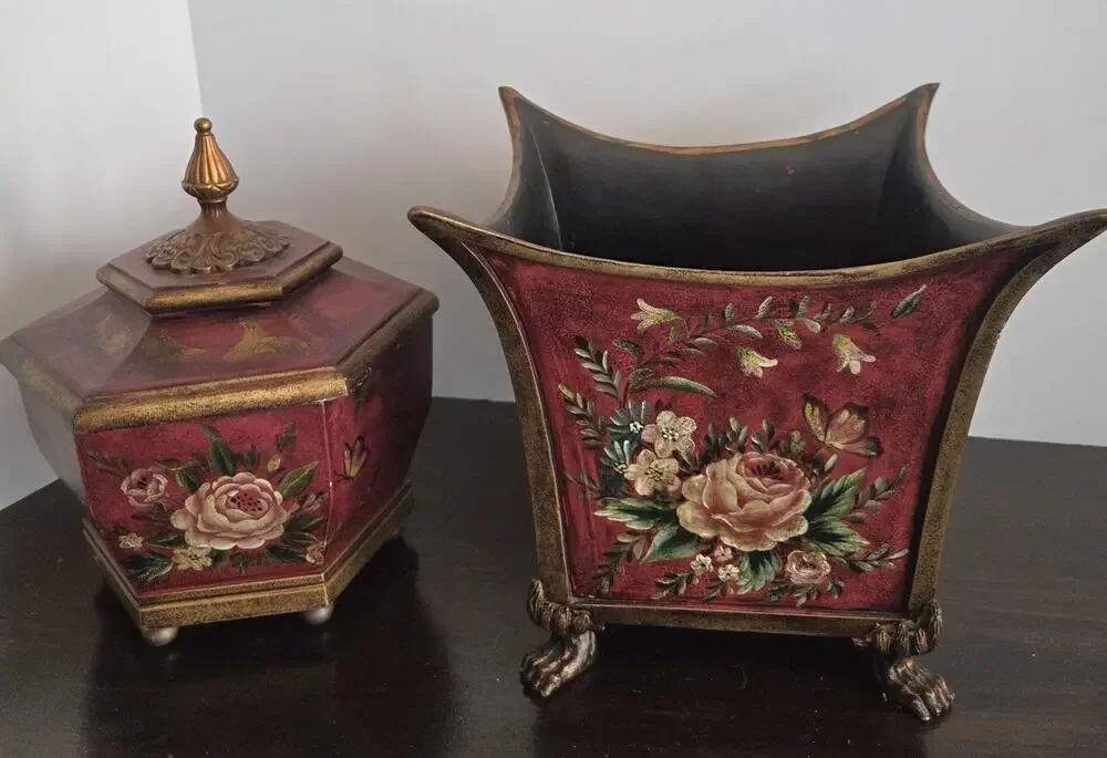 Vtg Toleware Set Footed Planter Lidded Box Burgundy Red Floral Handpainted
